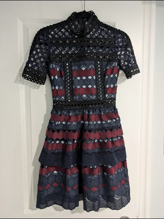 Self-Portrait Navy and Burgundy Lace Midi Dress - Picture 3 of 5